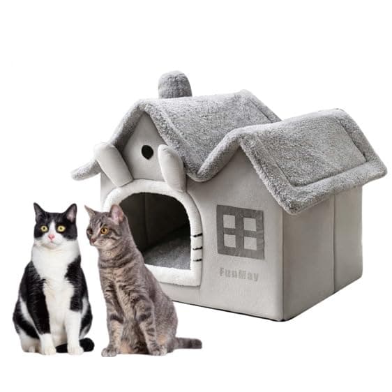 Luxury Foldable Rabbit-Ear Cat House & Dog Bed – Indoor Double Roof Condo with 30D Memory Foam, Removable Washable Cushion, Non-Slip Base, Cozy Pet Tent for Small Dogs & Cats, Gray (Extra Large)