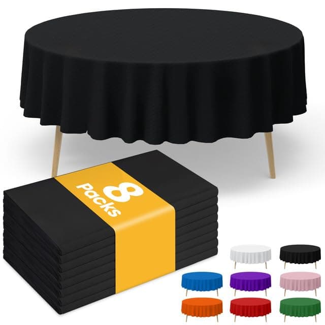 Niuara Black Plastic Table Cloth - 8 Pack 84" Round Disposable Tablecloths for Round Tables, Table Cover for Holiday Parties & Gatherings
