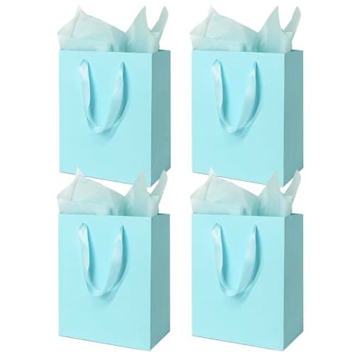 MOXARYSU 4 bolsas de regalo medianas de color azul claro: bolsas de regalo de 8 x 5 x 10 pulgadas con asas, bolsas de regalo de fiesta con 8 papel de seda para fiestas, cumpleaños, baby shower, boda