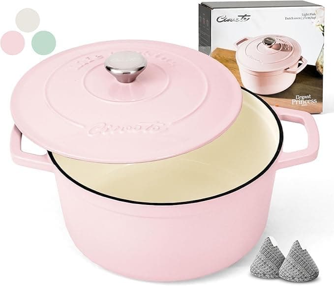 Ciwete 6QT Dutch Oven Pot with Lid, Enameled Cast Iron Dutch Oven for Bread Making, Braiser, Cooking, Dual Handles, Oven Safe, Pink