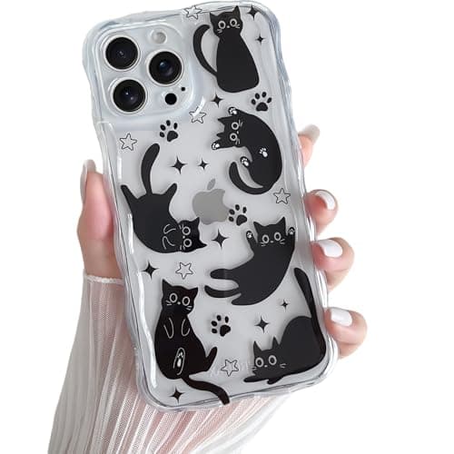 Yeddabox - Funda para iPhone 13 Pro, diseño de gato negro, ondulado, transparente, suave, delgada, a prueba de golpes, para mujeres y niñas