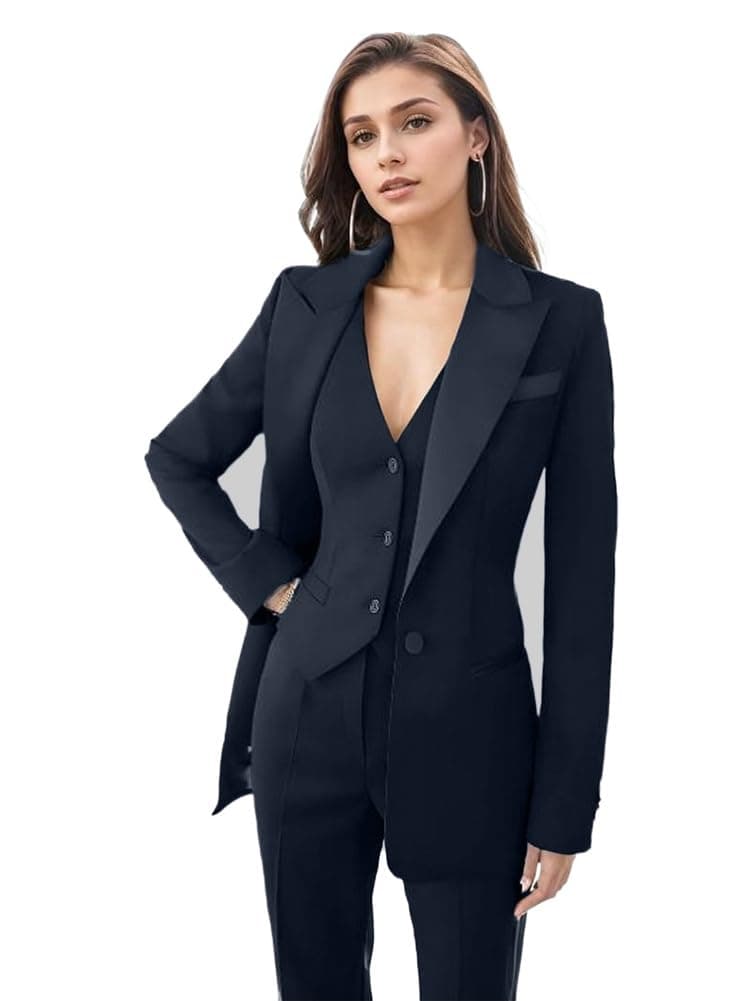 Womens Tuxedo 3 Piece Suit Sets for Women Blazer Pants Vest Set Womens Business Professional Outfits, Navy, 2