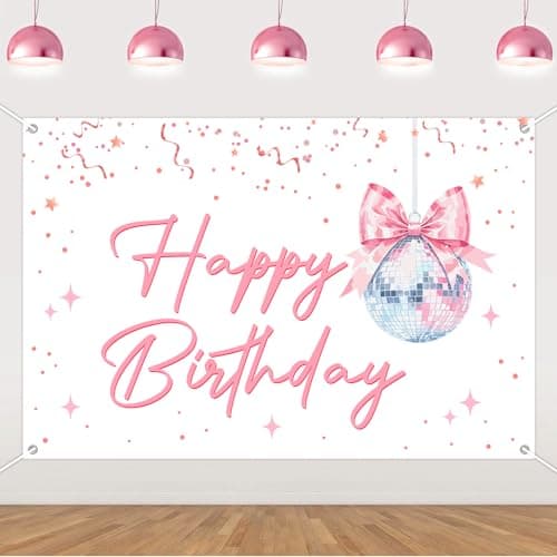 Pink Bow and Disco Ball Birthday Decorations Backdrop Disco Ball Themed Happy Birthday Backdrops for Women Disco 70s 80s 90s Background Photography Supplies 5 * 3ft