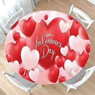 Valentines Day Round Fitted Tablecloth with Elastic Red White Love Heart Circle Table Cloth for 40-44" Round Tables Stretch Waterproof Washable Valentine Table Cover for Picnic Dining Party Decor