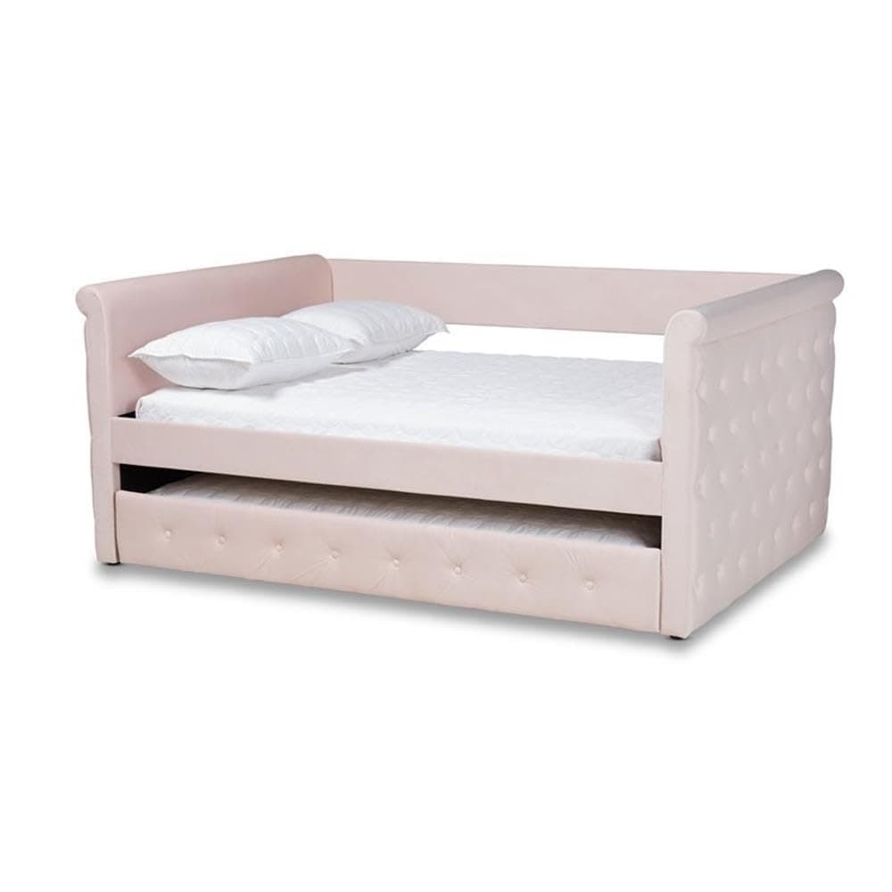 BOWERY HILL Mid-Century Velvet Full Daybed with Trundle, Light Pink Upholstered Finish, Engineered Wood, Scrolled Arms and Button Tufting, Modern Bedroom Furniture, 86 in Wide