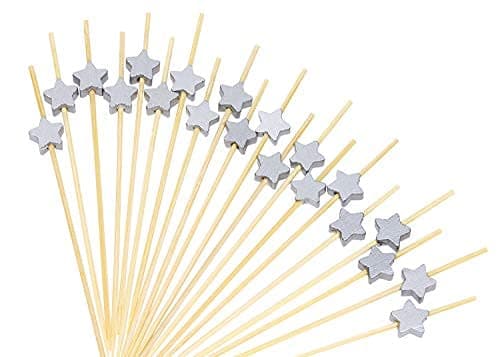 ONLYKXY Silver Star Cocktail Picks, Bamboo Cocktail Picks, Food Sticks, Toothpicks Wood Stirring Sticks, Wooden Coffee Stir Sticks, 12cm (20 Pieces)