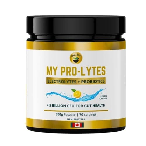 My Pro-Lytes by Dr. MK- Electrolytes + Probiotics Powder | Lemon Flavour | 5 Billion CFU for Gut Health, Hydration & Muscle Support | 350g (70 Servings) | Vegan, Sugar free, Gluten-Free | Health Canada Approved, Made in Canada