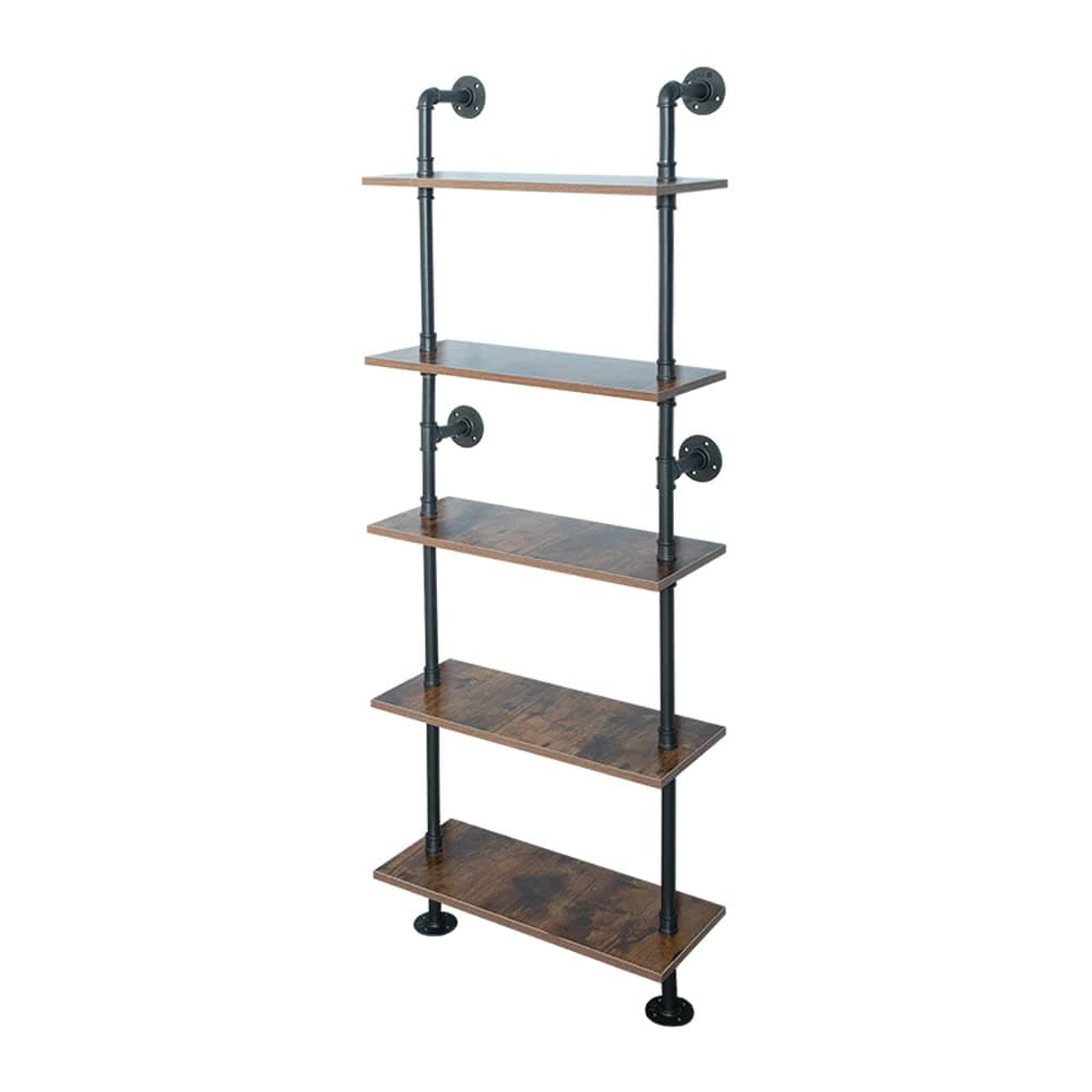 ZIOTHUM 5 Tier 67inch Industrial Pipe Shelving, Shelves Shelf Rustic Wood Metal Wrought Iron Ladder Bookcase Bookshelf Wall Mounted Mount DIY Loft Vintage Hanging Storage Display (23.6x9.8x66.9”)