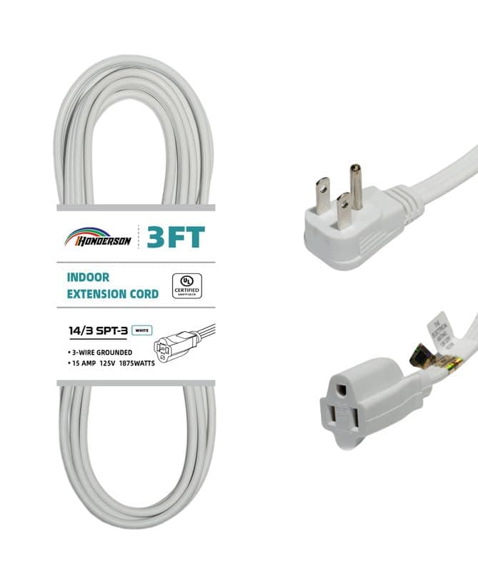 HONDERSON Flat Plug Extension Cord, UL Listed, Indoor Extension Cord 14 Gauge 3FT White Flat Extension Cord, 14/3 SPT-3 15A 3 Prong Grounded Power Extension Cord for Home, Office