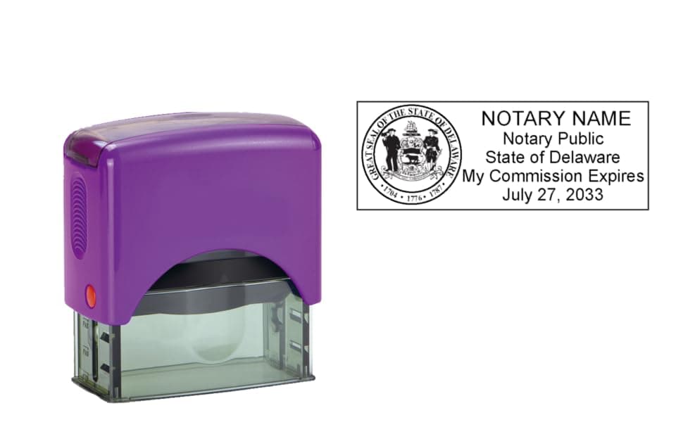Delaware Notary Stamp | Hubco Purple S-844 Self Inking Stamp with Delaware State Seal Image