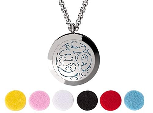Aum OM Essential Oil Diffuser Necklace Stainless Steel Locket Pendant with 24" Chain + 4 Essential Oils (Lavender Peppermint Inner Peace Zen) Gift Set