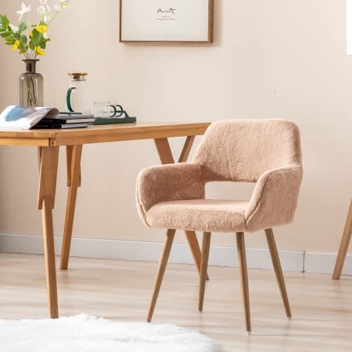 Uneeruiqy Accent Dining Chair 1PC Dining Chairs Faux Fur Armchairs Mid Century Side Chairs with Solid Painting Steel Leg for Dining Room (Camel)