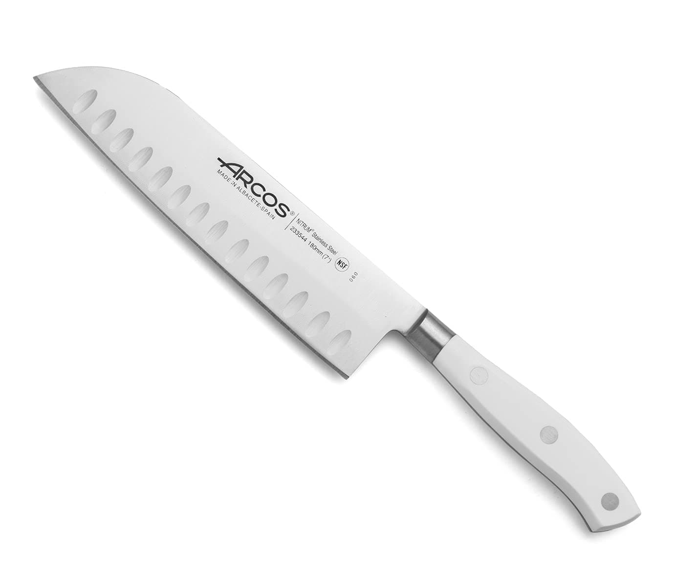 Arcos Forged Santoku Knife 7 Inch Stainless Steel. Japanese Sharp Knife For Cutting Meat, Fish and Vegetables. Ergonomic Polyoxymethylene Handle and 180mm Blade. Series Riviera Blanc. Color White,