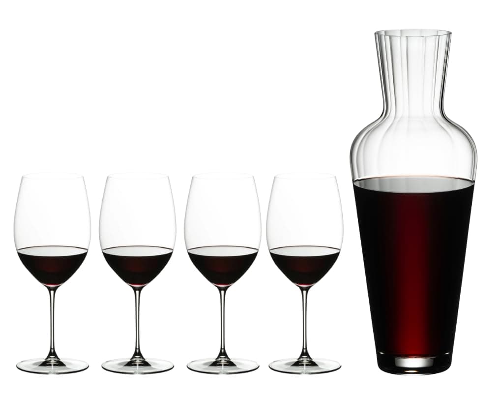 Riedel Veritas Cabernet/Merlot + Mosel Decanter, Wine Glass Set, 5 Pack - Cabernet, Merlot, Decanter - Dishwasher Safe, Crystal Glass - 5449/0-MOS