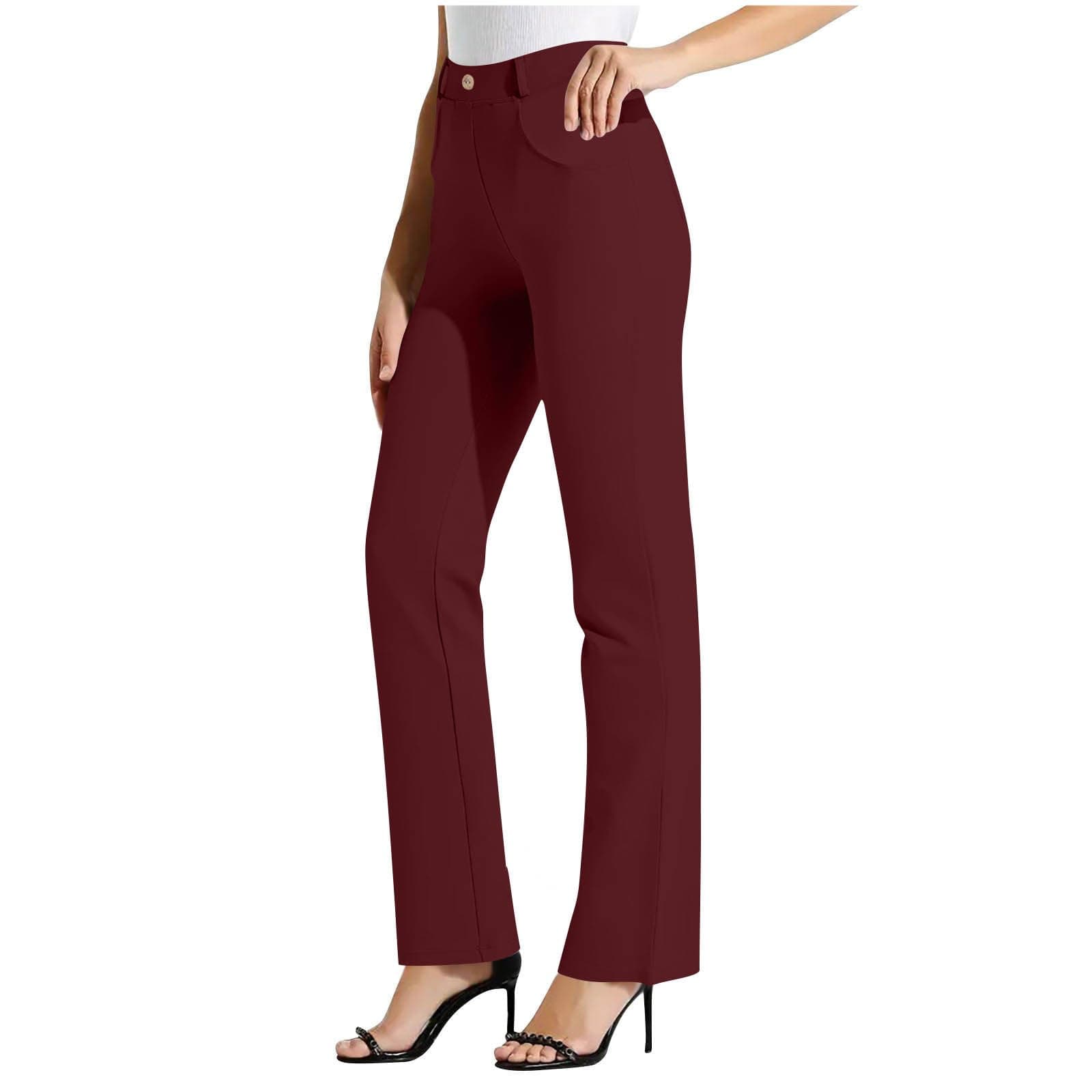 Dress Pants Women Business Casual Work Pants Tummy Control Office Straight Leg Trousers High Waisted Ladies Slacks Wine