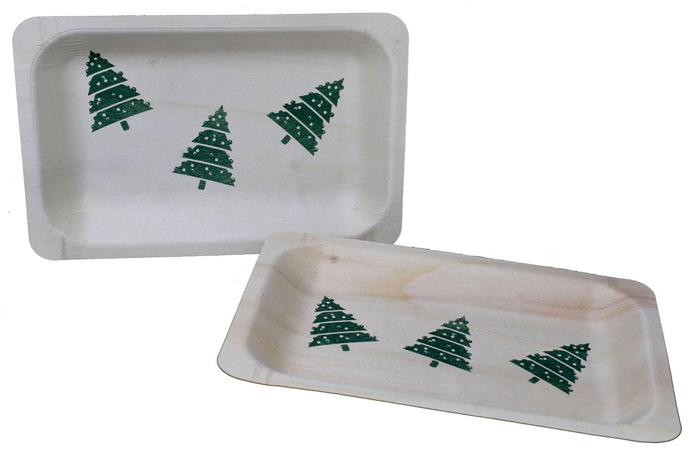 Perfect Stix 7 inch Wooden Christmas Tree Design. Pack of 30 Wooden Disposable Plates. Christmas Tree Design in Green.