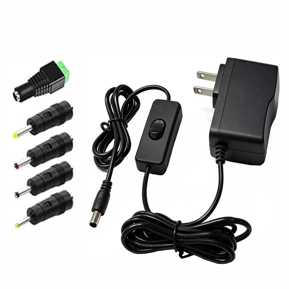 12V 1A DC Power Supply with On/Off Switch Adapter AC 100-240V 50-60Hz to DC 12V 6.2ft Power cord with 5.5x2.5mm plug &5 tips for LED Strip Lights & Security Cameras