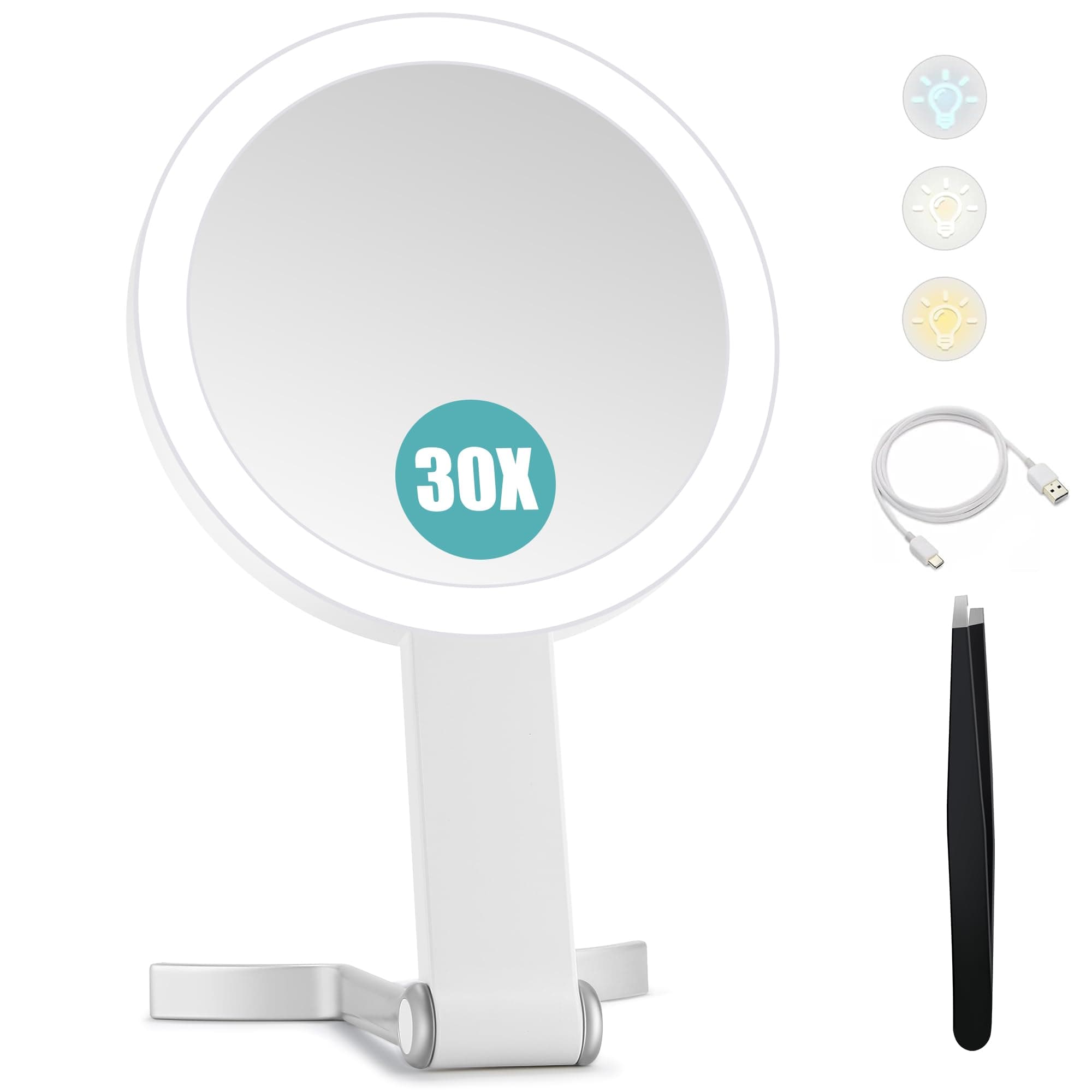 Magnifying Mirror with Light 30X, Double-Sided 1X/ 30X Magnifying Makeup Mirror with Tweezer, 2000mAh 3 Colour Modes with Adjustable Brightness, Foldable Travel Mirror(SmallWhite)