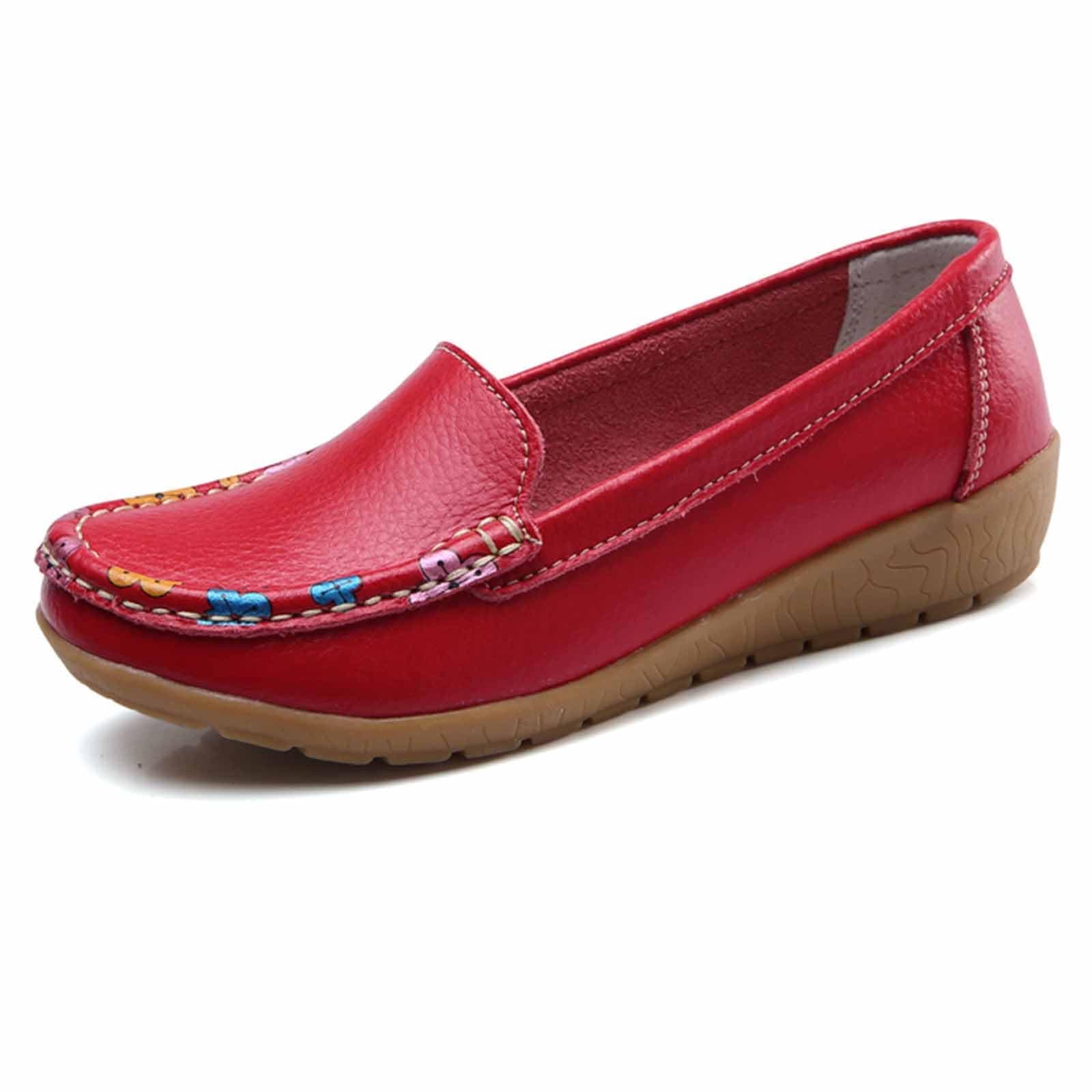 Women's Leather Penny Loafers Casual Walking Driving Boat Flat Shoes Soft Comfortable Classic Moccasins Office Work Lightweight Slip On Red