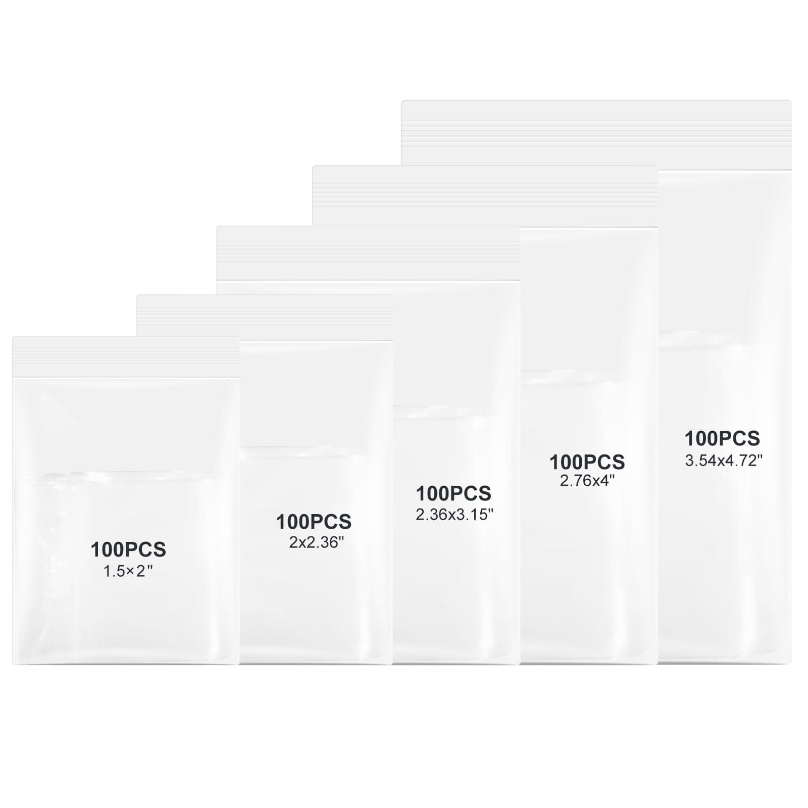 WEGOUP 500 Pcs Small Plastic Zip Bags, 5 Sizes, 2 Mil Thick Clear Reclosable Poly Baggies for Jewelry, Treats, Candy, Party Favors, Storage