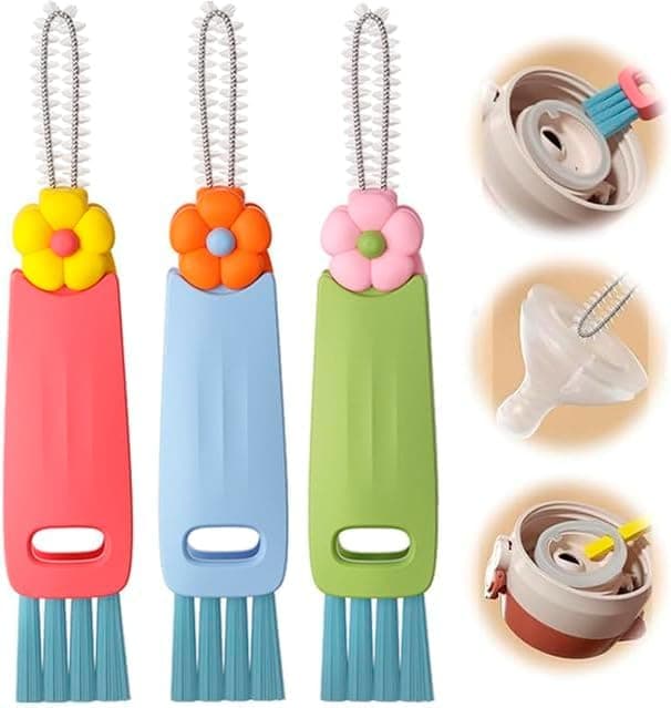 3 in 1 Cup Lid Cleaning Brush, 2024 Upgrade Cup Cleaning Brush Portable Crevice Cleaning Brush Set for Baby Bottle Gap Tight Spaces Cup, Multifunctional Cleaning Brush Cup Lid Cleaner (Flower)