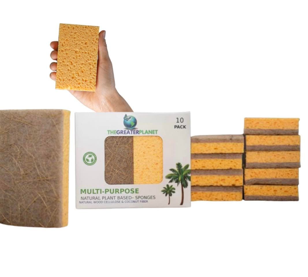 THE GREATER PLANET 10 pack Biodegradable Natural Kitchen Sponge, Eco Friendly Cleaning Sponges for Dishes, Compostable Cellulose Sponge with Natural Plant Based Coconut Walnut Scrubber Sponge (Yellow)