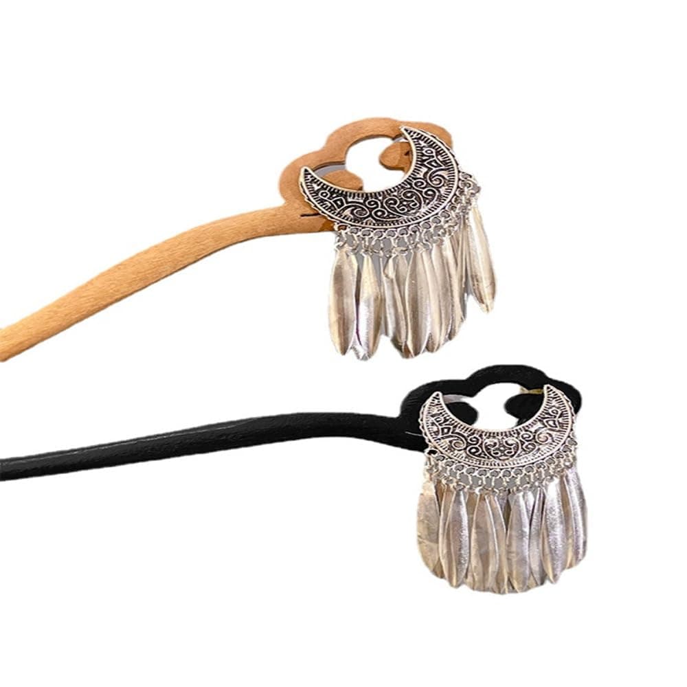 YTDJJWLS Ancient Style Crescent Tassel Hairpin Hanfu Wooden Hairpin