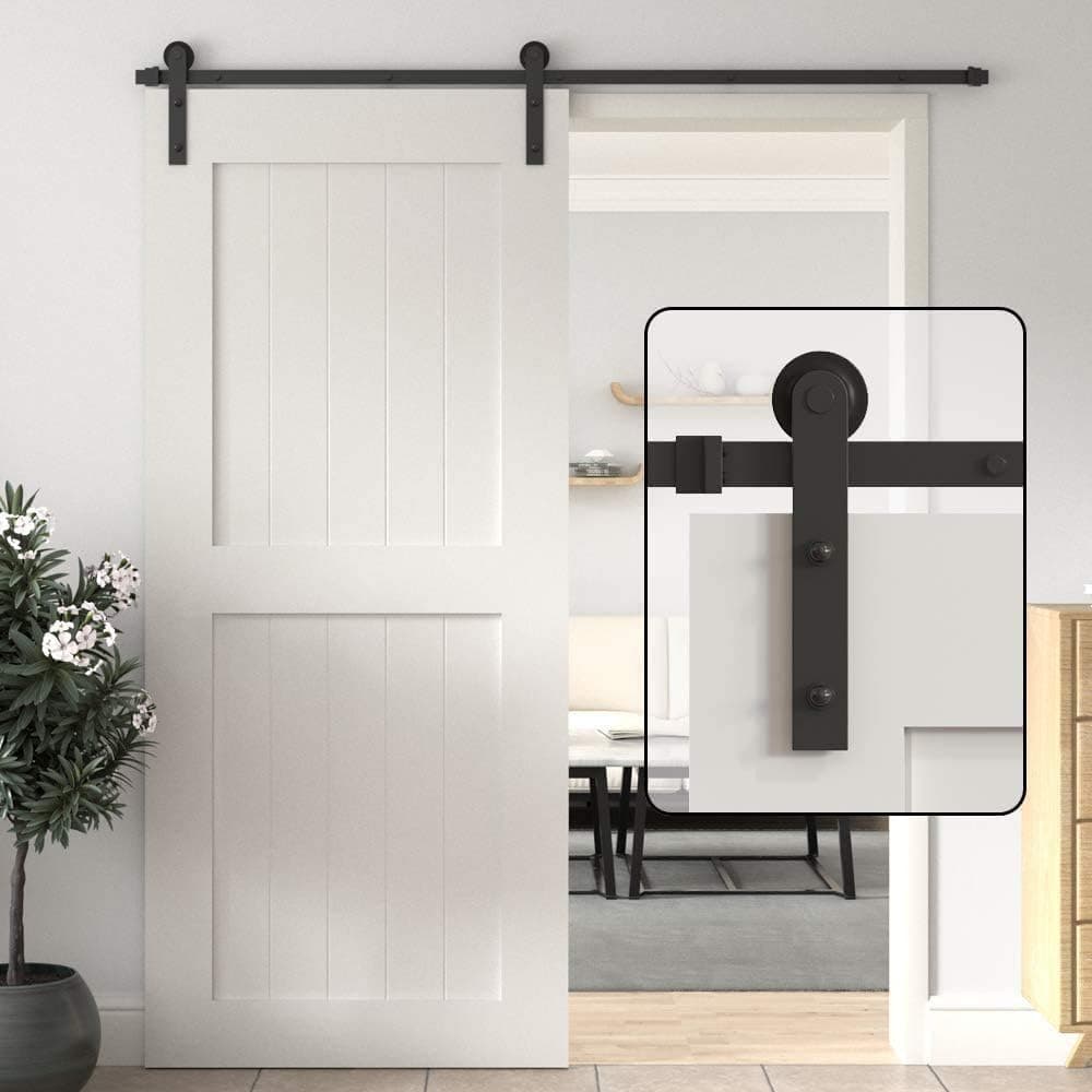 WINSOON Sliding Barn Door Hardware Kit 4/5/6/8/10/12/13/15/16FT Track Roller Set for Single Wood Door Closet Straight Design Black (4 FTSingle Door Kit)