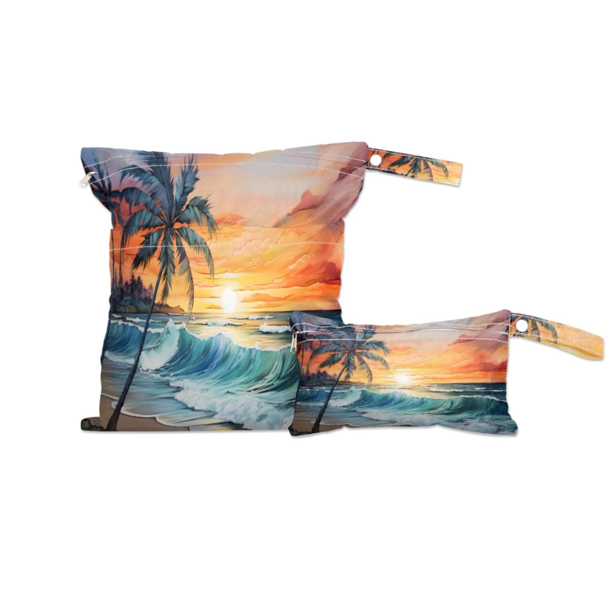 2 Set Summer Sunset Wet Dry Bags for Baby Cloth Diapers Waterproof Reusable Storage Bag for Travel,Beach,Pool,Daycare,Stroller,Gym,Laundry,Dirty Clothes,Swimsuits, Tropical Palm Tree Wet Bag