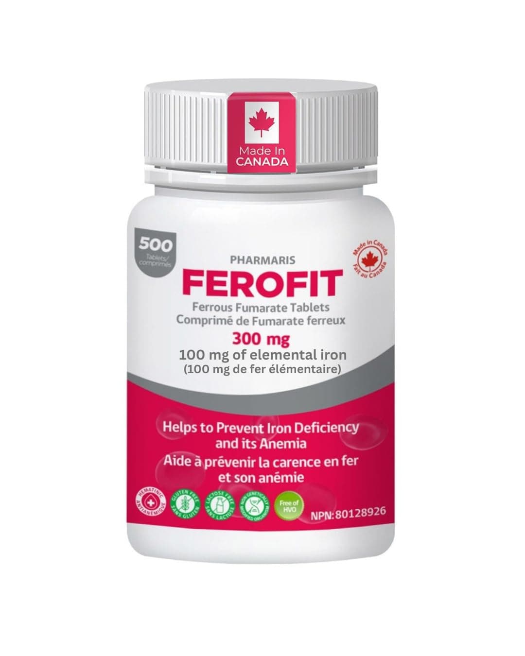 Pharmaris Ferofit Iron Supplements, Ferrous Fumarate 300mg, 500 Tablets