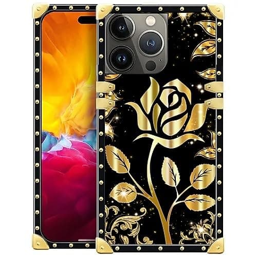 WANKBLC Compatible with iPhone 15 Pro Max Case, Shine Gold Rose Luxury Golden Decoration for Girl Women Soft TPU Shockproof Protective Hard PC Back for iPhone 15 Pro Max