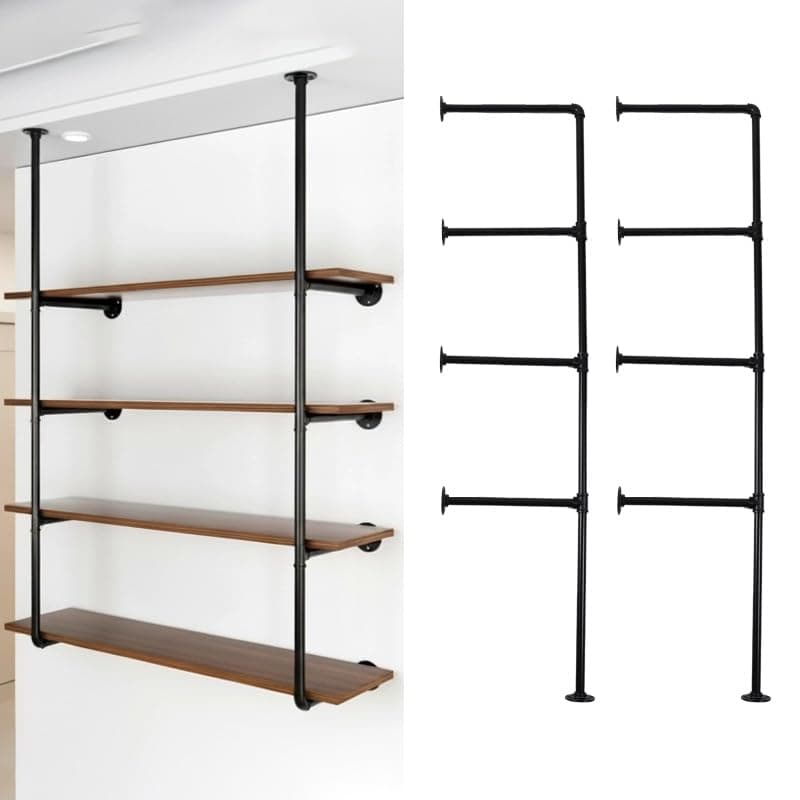 HBLYJS Industrial Pipe Shelving System, Black Iron Wall Mount, Floor to Ceiling Storage Rack with 4 Tiers, Rustic Farmhouse Style, DIY Bracket Supports (No Planks)