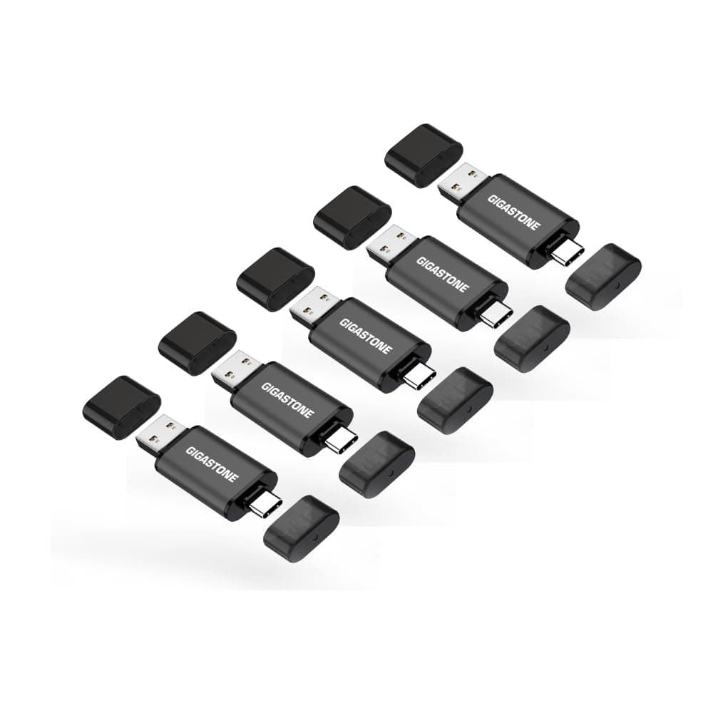 GIGASTONE 64GB Dual USB Flash Drive 5-Pack, USB 3.2 Gen 1, 2-in-1 USB C+A, Speed Up to 100MB/s, Head Cap Design Thumb Drive, Plug & Play for Smartphone/PC/Mac/TV/Car Audio, USB 2.0/3.0/3.1 Compatible