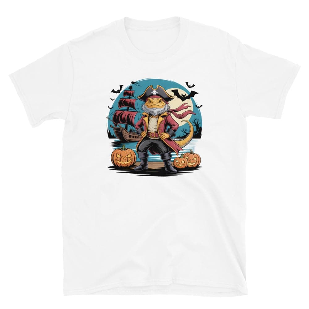 Funny Halloween Pirate Bearded Dragon T-Shirt for Reptile Lovers & Pet Owners, White, X-Large