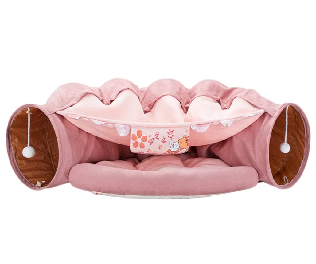 2 in 1 Cat Tunnel Bed Tube with Cushion and Plush Ball Toy Playground Crinkle Collapsible for Large Cats Kittens Kitty Puppy Small Dog Foldable Soft Pet Play Bed Indoor Outdoor- Pink Cat Tunnel Bed