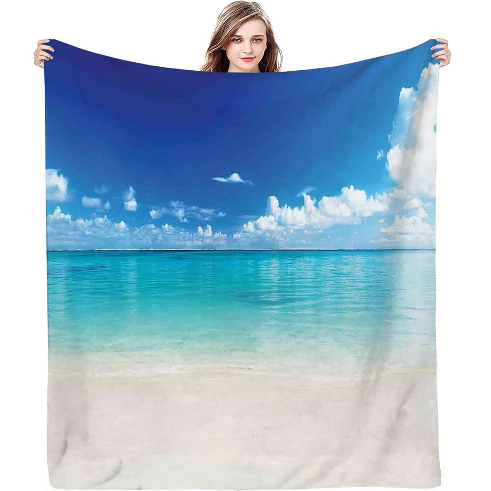 Print Blanket, Natural Coastal View Sand Sea Beach, Soft WarmOcean Decor Cozy Fuzzy Bed Blanket, 30 x 40inches, Suitable The Journey Decoration Living Room, Office, Turquoise White