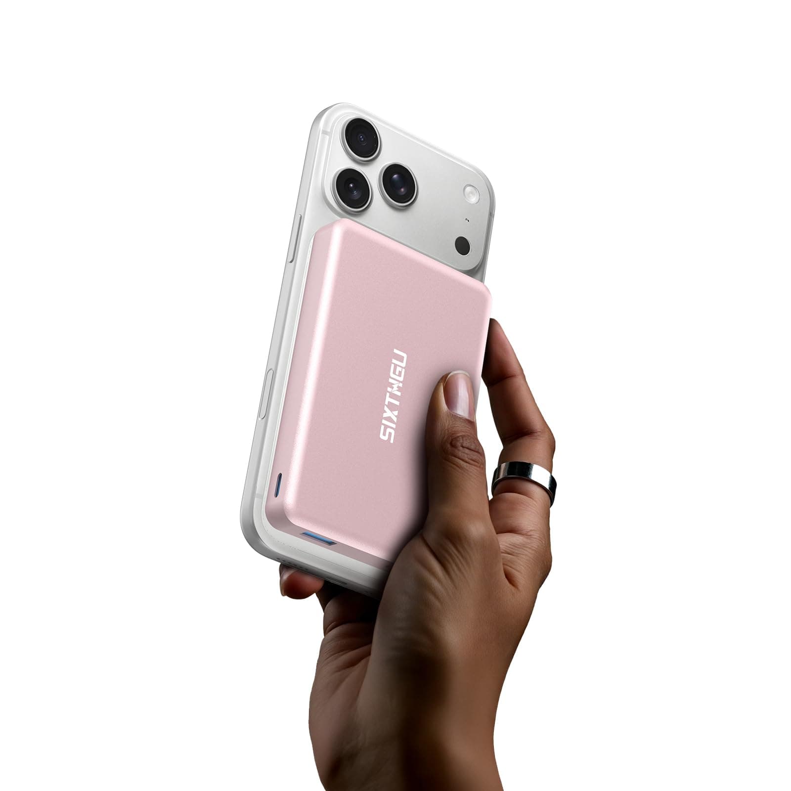 SIXTHGU Magnetic Slim Portable Charger with Stand, PowerMag Q1, [Alloy-Made] Wireless Power Bank (10K-Pink Flat)