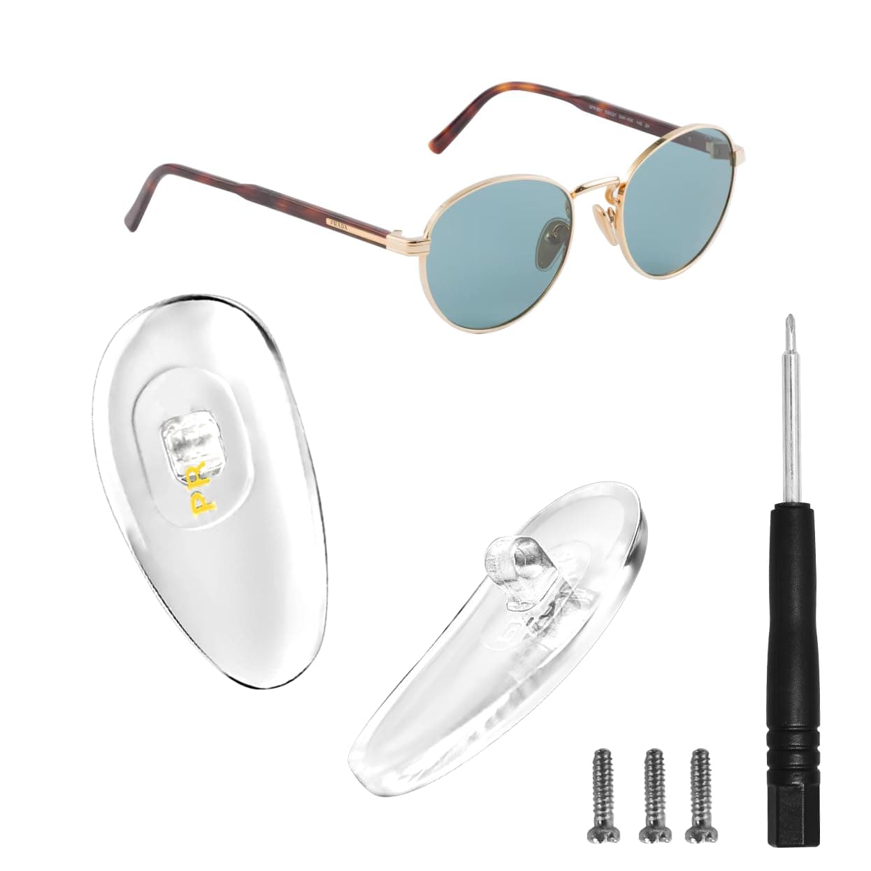 hengfento2 Screw-in Nose Pads Replacement for Prada Eyeglass Sunglass Frames with Screws Screwdriver Set 16.5mm, Gold, 16.5mm