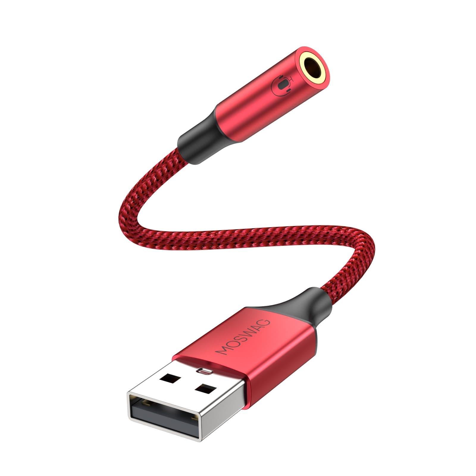 MOSWAG USB to 3.5mm Jack Audio Adapter,USB to Aux Cable with TRRS 4-Pole Mic-Supported USB to Headphone AUX Adapter External Sound Card for PC PS4 PS5 and More (0.65Feet/20cm, Red)