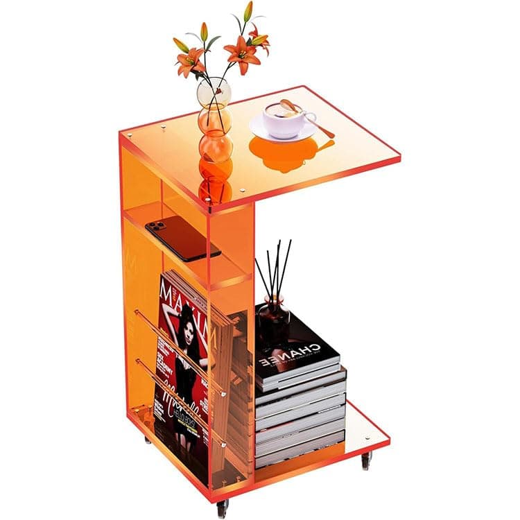 Clear Acrylic Side Table with Wheels, C-Shaped End Table for Sofa, Rolling Coffee Table (Orange)