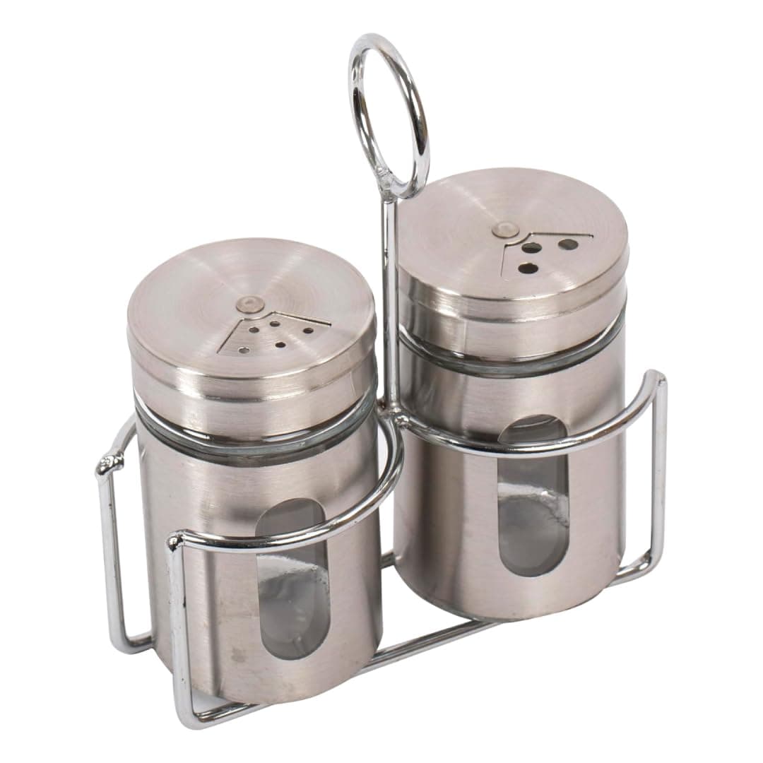 Luciano Housewares Salt and Pepper Shakers Set, Stainless Steel Shakers with Tray, Functional Kitchen Decor and Accessories, Kitchen Essentials, 2-Piece Set, 85 ml, 4.9 x 8.4 cm, Silver