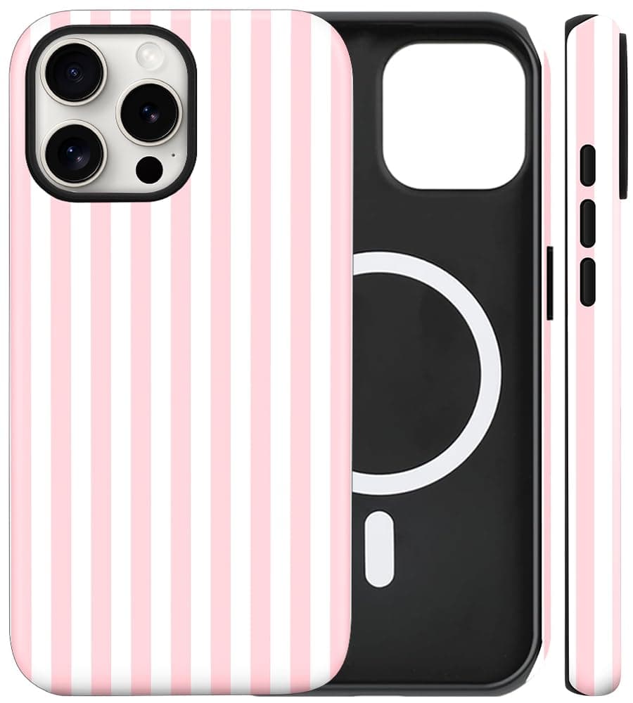 flewfun Magnetic for iPhone 12/12P Case Cute Stripes Phone Case, Pink&White