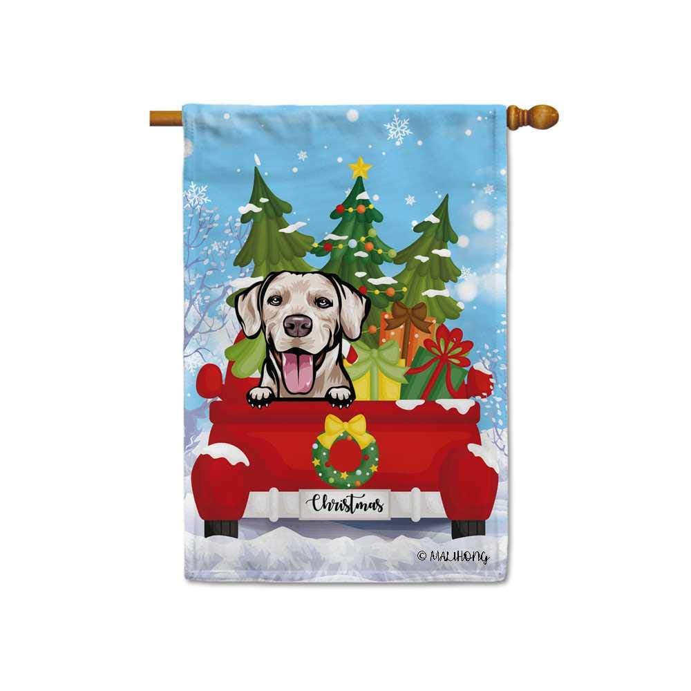 MALIHONG Merry Christmas Peeking Dog House Flag Rhodesian Ridgeback in Red Retro Truck with Christmas Tree Gifts Banners for Home Decor 28x40 Inch Printed Double Sided