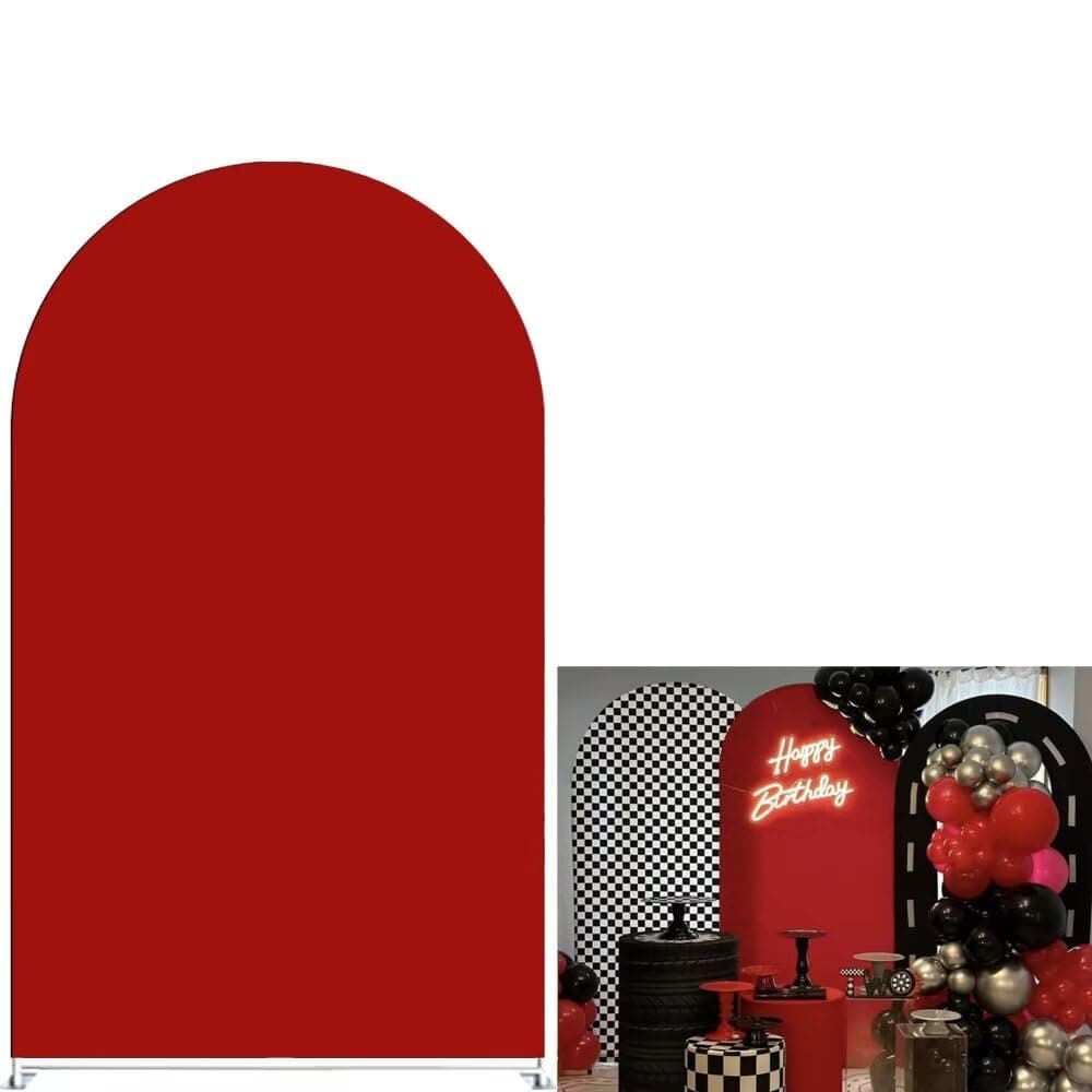 Aerdce Red Round Top Arch Stretchy Fabric Covers Racing Theme 7ft Arched Stand Backdrop Cover for Racing Party Baby Shower Decoration Banner(Only Cover)