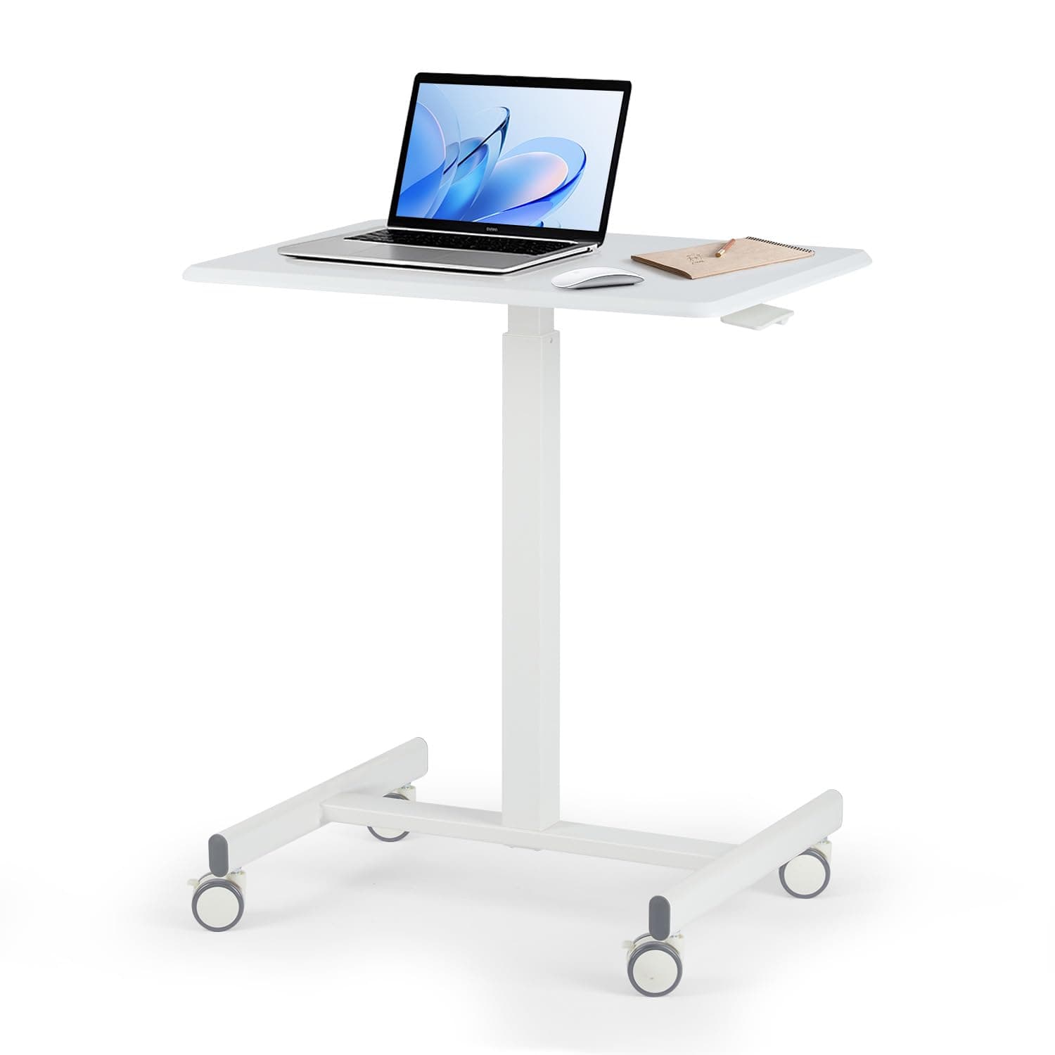 Atilioo Mobile Small Standing Desk, Portable Sit Stand Rolling Laptop Table with Lockable Wheels, Height Adjustable Computer Workstations for Home Office, White