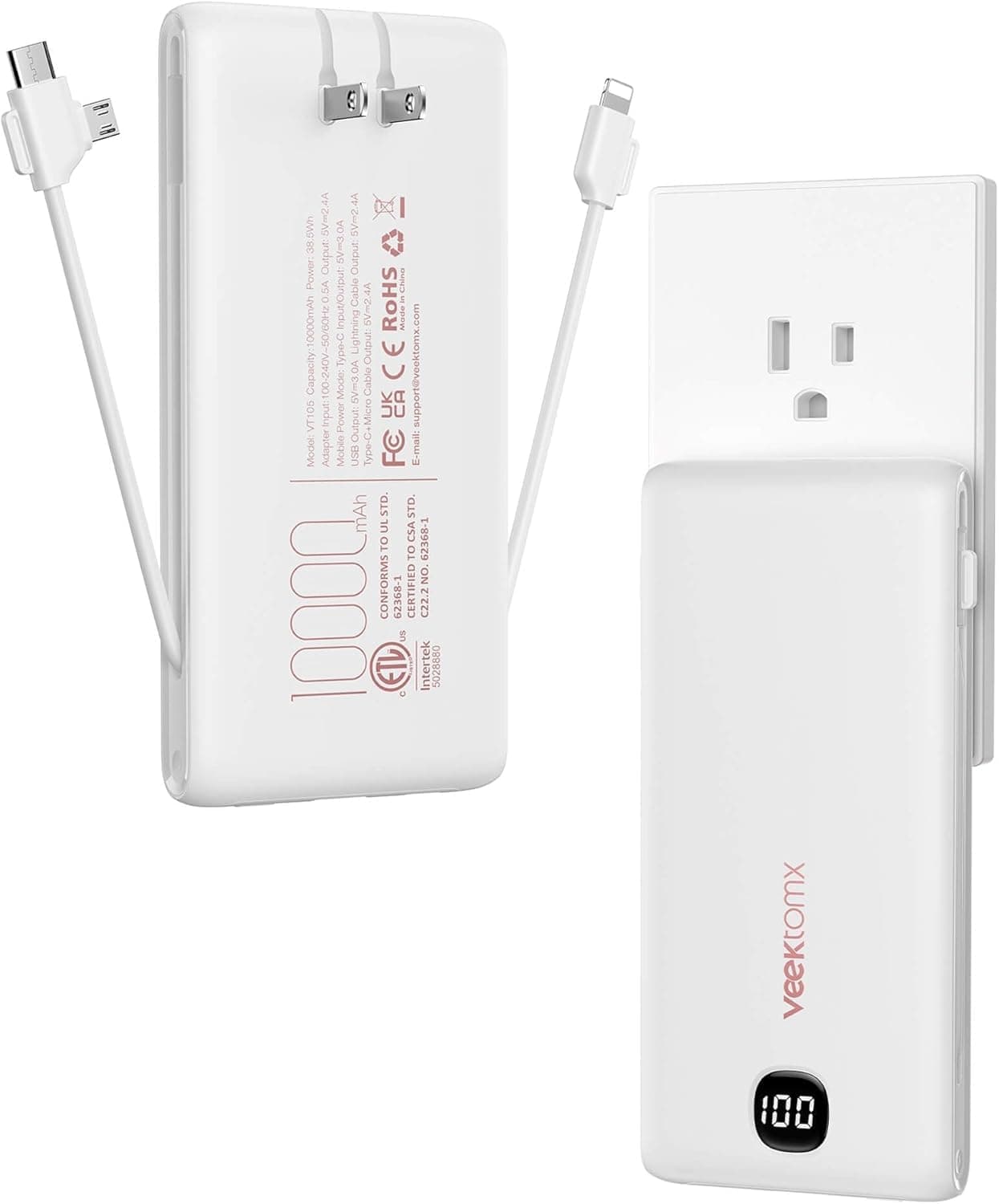 VEEKTOMX 10000mAh Portable Charger with Built-in Cables & Wall Plug