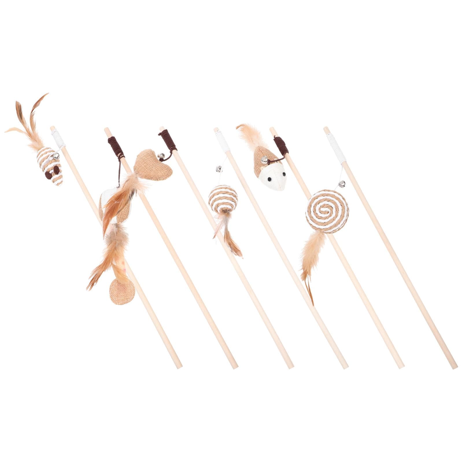 WATIIFUFU 6pcs Interactive Cat Wand Feather Teaser Sticks with Bells Wooden Pole Kitten Teasing Set for Indoor Play and Exercise Style