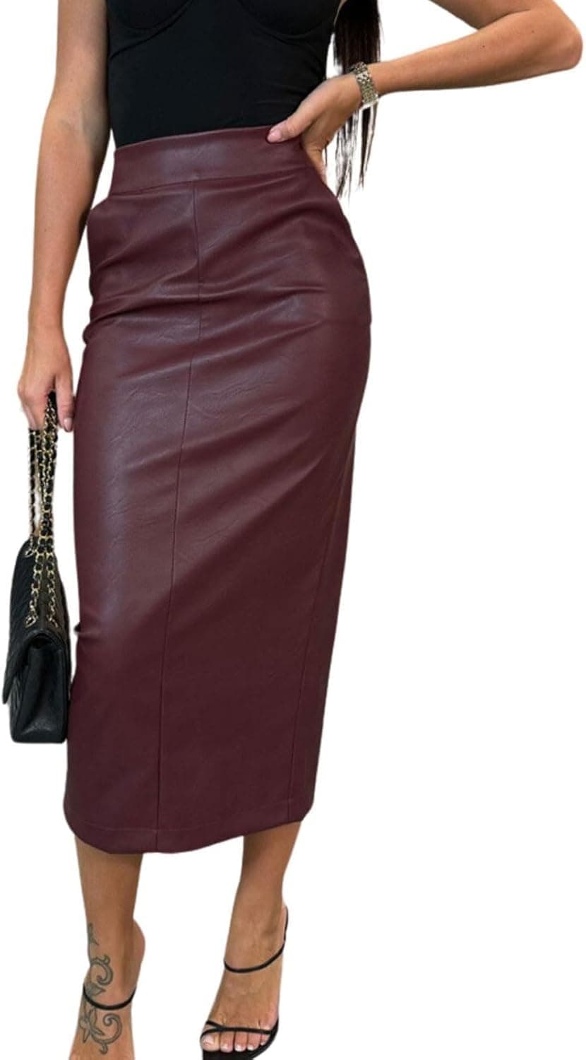 LLECDASEUI Womens Long Faux Leather Skirt Bodycon High Waist Slim Pencil Tummy Control Midi Skirt with Pockets (Red,L)