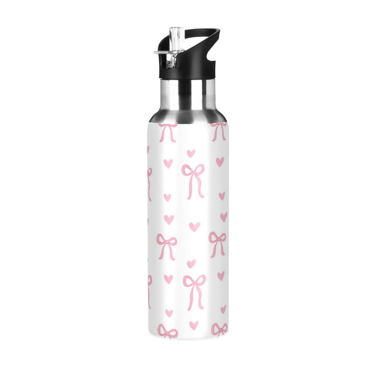 Aslsiy 20oz Sports Water Bottle Cute Coquette Pink Bow Insulated Water Bottle White Stainless Steel Gym Bottle Metal Water Flask