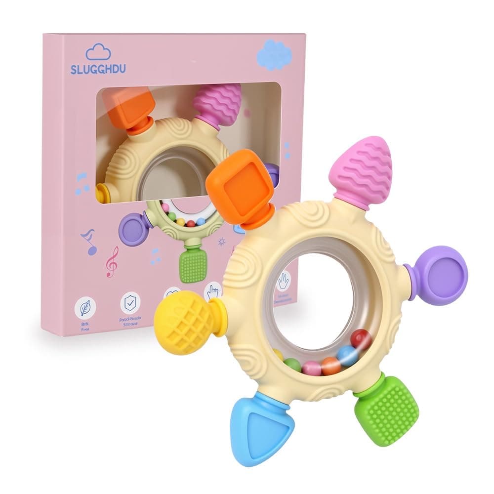 SLUQQHDU Baby Teething Toys for 0-6 6-12 Months,Ring Teether Baby Infant Toys,Baby Rattle Teether,BPA Free Baby Chew Toys Sensory Toys for Babies 0-24Months Silicone Teethers for Babies 0-3-6-9-12 Months Old Boys Girls